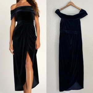 I'm Enchanted Navy Blue Velvet Off-the-Shoulder Maxi Dress